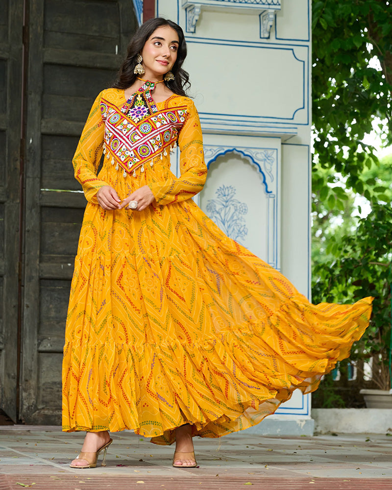 Festive Mustard Ethnic Gown With Colorful Mirror Work