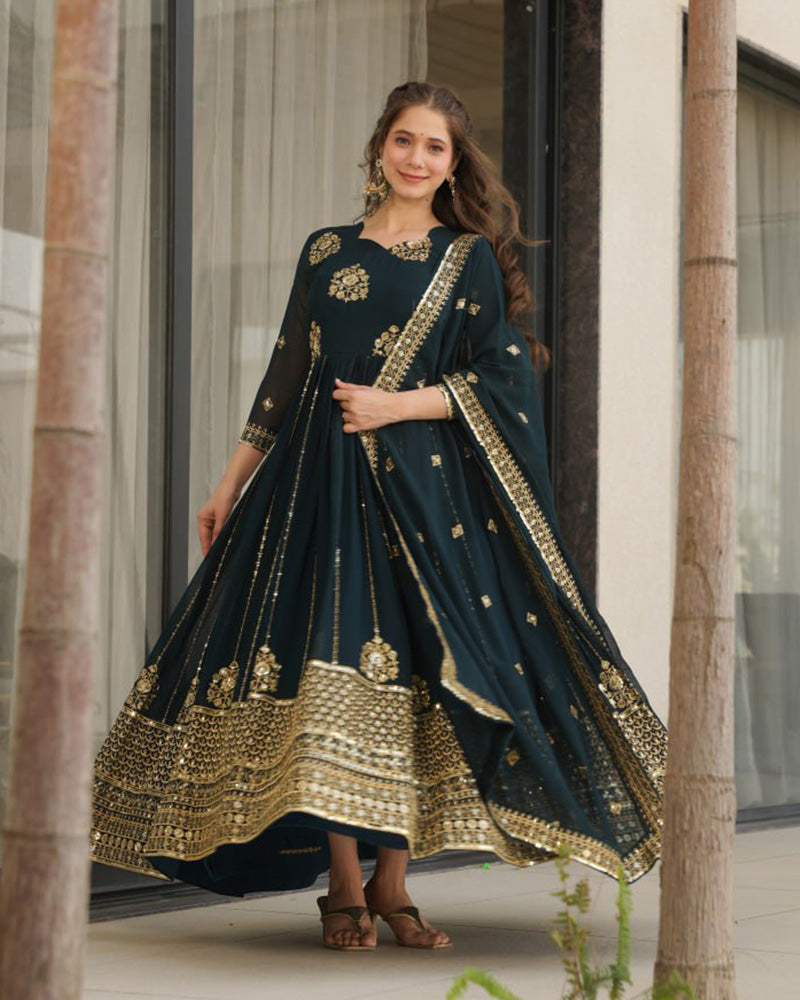 Deep Teal Green Color Designer Golden Embroidered Gown