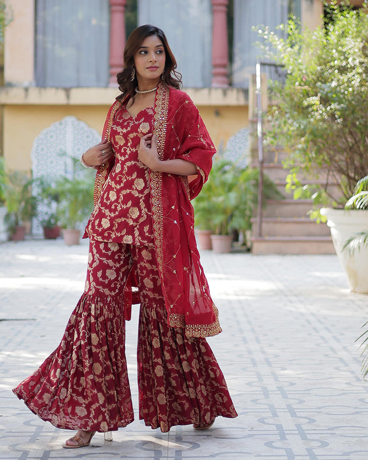 Maroon Color Georgette Jacquard Gharara Suit