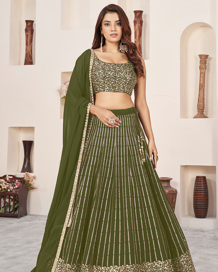 Olive Green Color Georgette Embroidered Semi Stitched Lehenga Choli