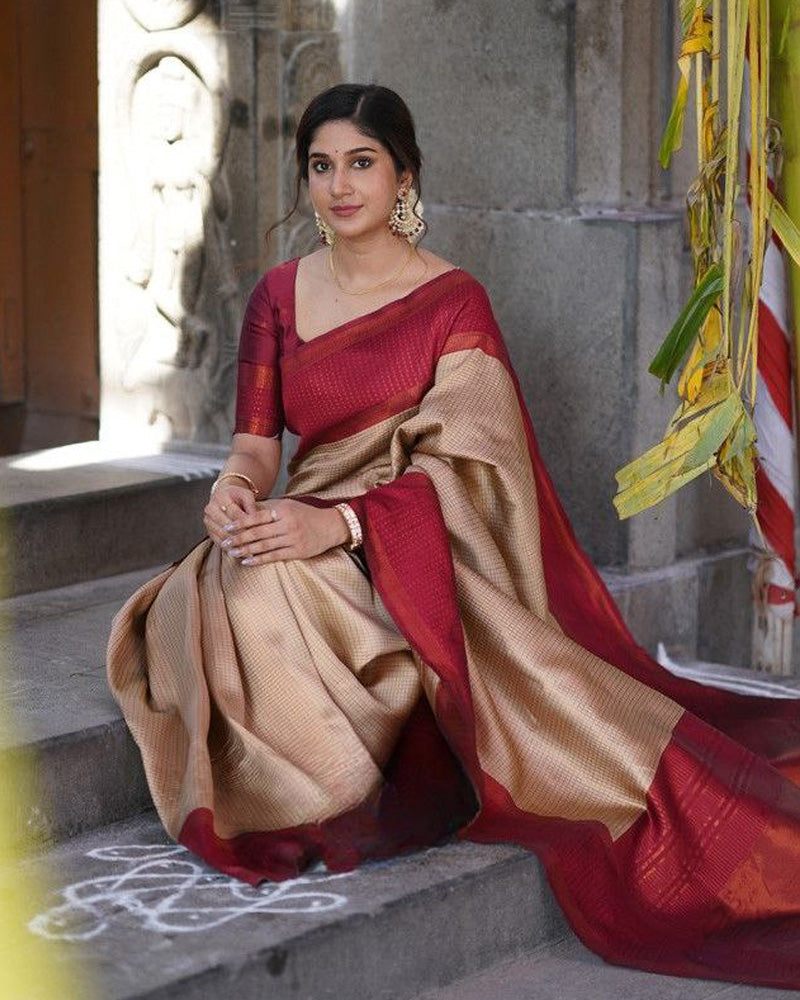 Red And Cream color banarasi Soft Silk Saree