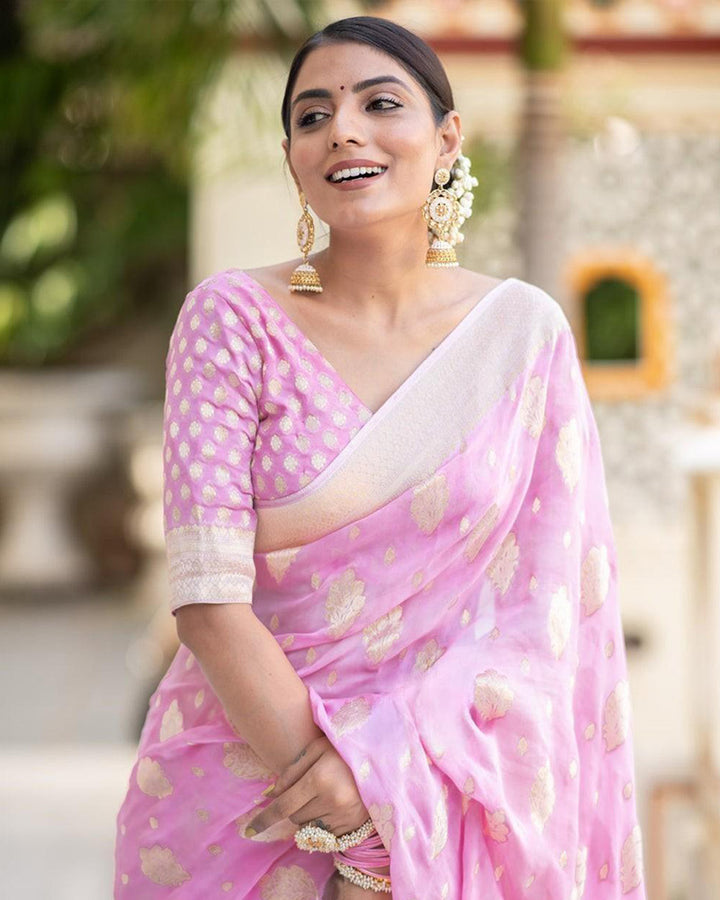 Baby Pink Color Banarasi All over Jacquard Soft Silk Saree