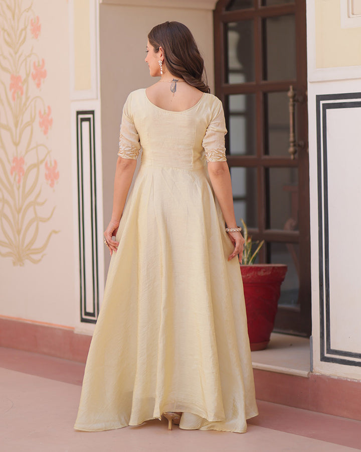 Cream Color Gold Crush Embroidered Work Gown
