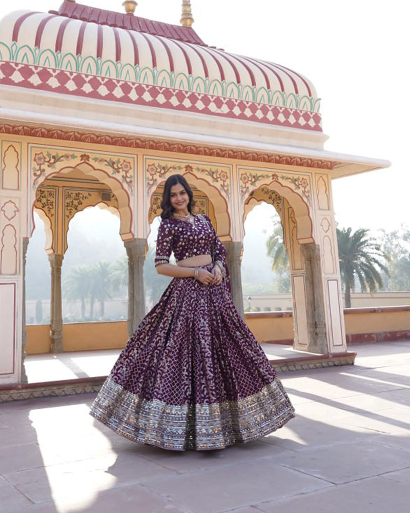 New Design Wine Color Sequence Embroidered Jacquard Lehenga Choli