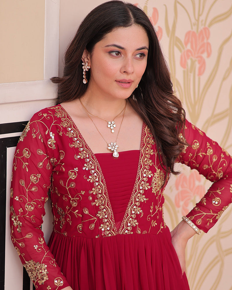 Elegant Rani Pink Floor-Length Gown With Golden Threadwork