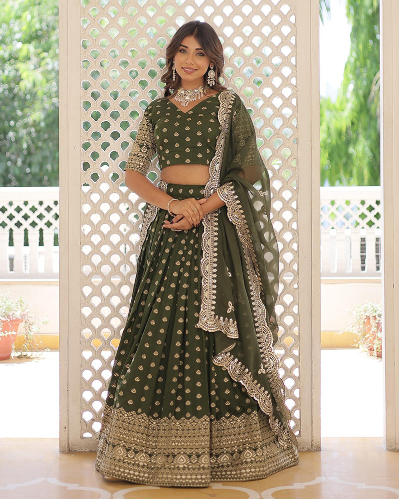 Mehndi Color Pure Dyable Jacquard Lehenga Choli
