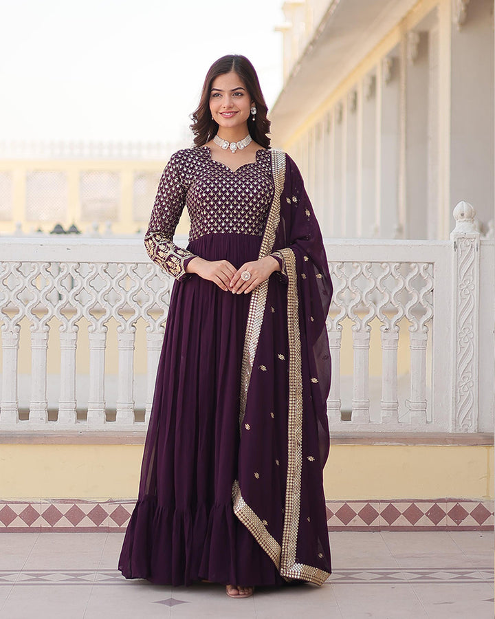 Wine Color Faux Blooming Gown With Sequins Embroidered Dupatta