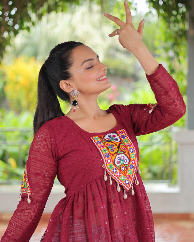 Maroon Color Georgette Schiffli Work Navratri Kediya