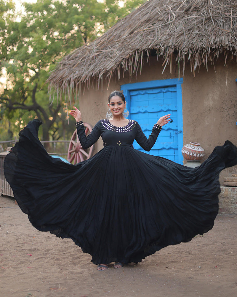 Black Color Rayon Mirror Work Navratri Gown