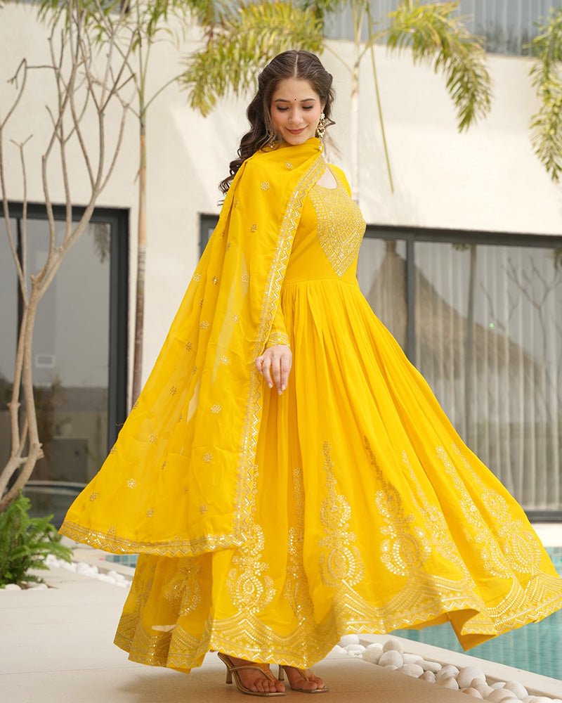 Yellow Color Faux Blooming Embroidered Gown