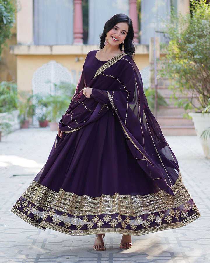 Exclusive Dark Wine Color Attractive Sequence Embroidery Work Gown