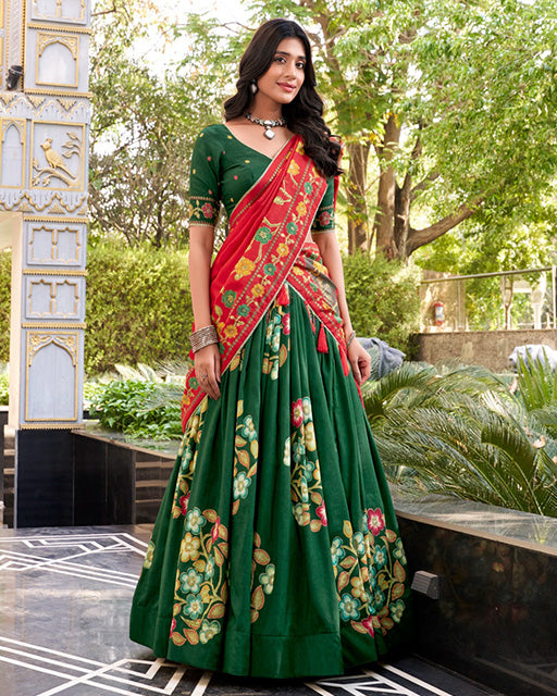 Green Color Tussar Silk Printed With Foil Work Lehenga Choli