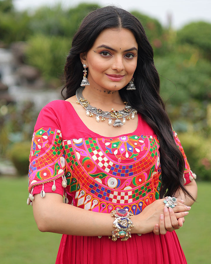 Rani Pink Color Rayon Navratri Gown