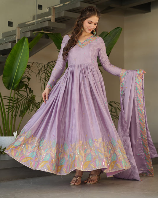 Lavender Color Chinnon Sequence Embroidered Gown