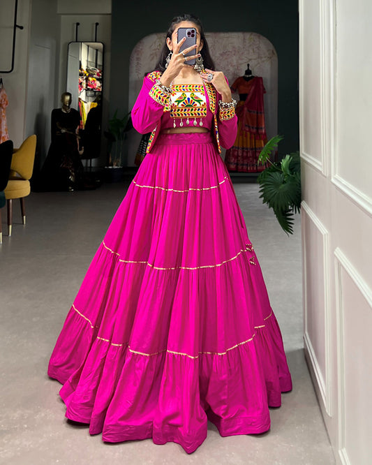 Pink Color Pure Rayon Gamthi Navratri Lehenga Choli