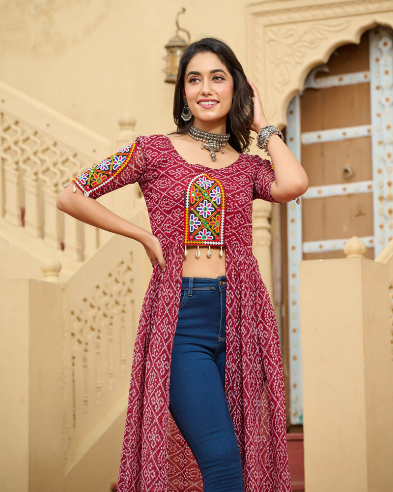 Maroon Color Georgette Bandhani Print Navratri Kurti