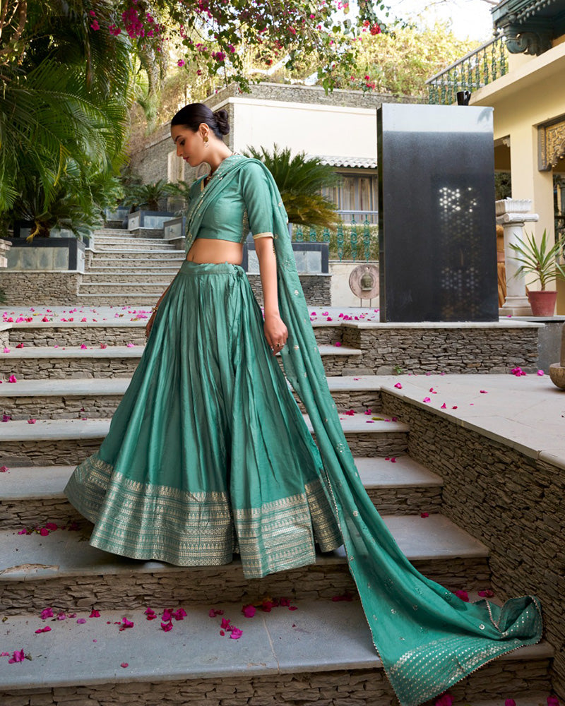 Sea Green Color Pure Chanderi Plain Navratri Half Saree