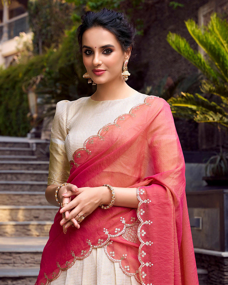 Off-White Color Jacquard Chex Half Saree