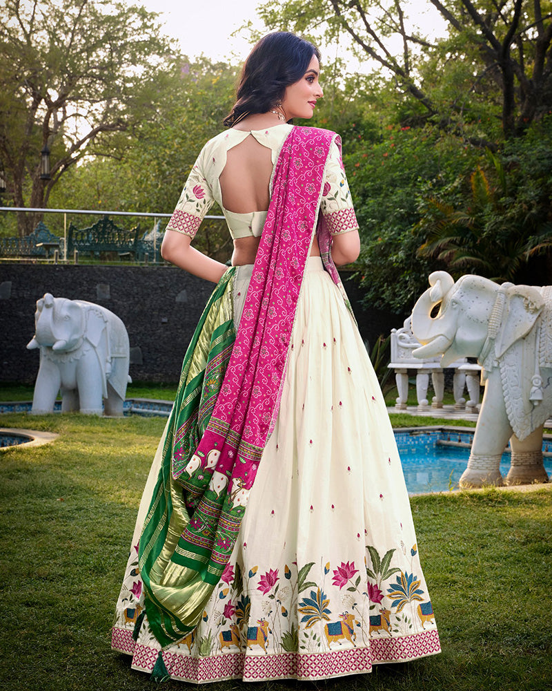 Lotus Shape Off-White Color Cotton Lehenga Choli