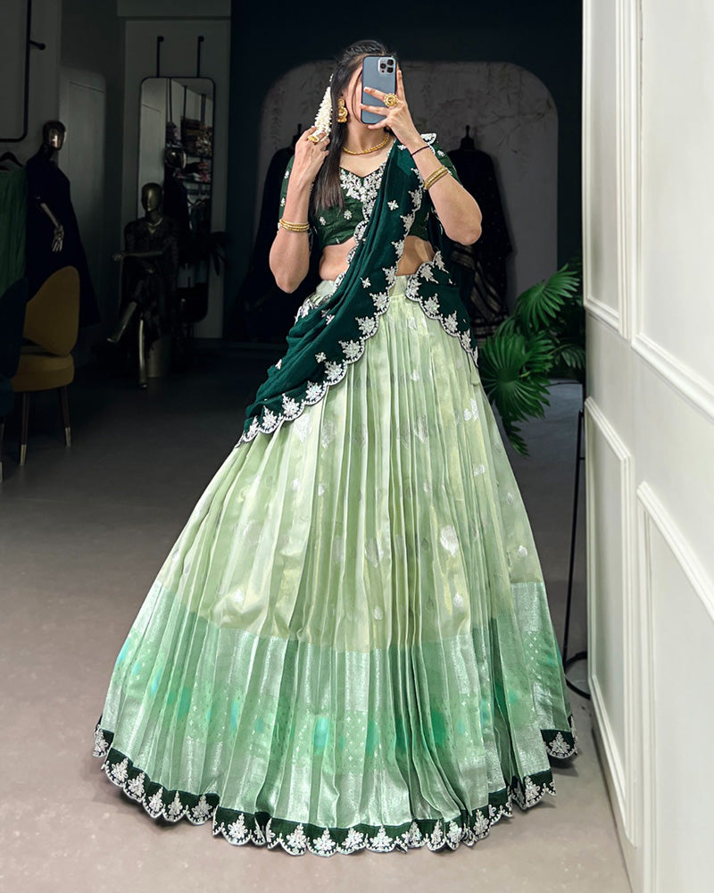 Pista Color Zari Kota Embroidered Half Saree