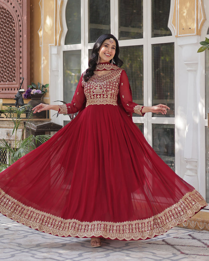 Ruby Red Color Faux Blooming Embroidered Gown