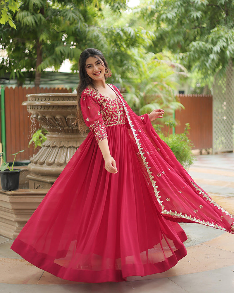 Rani Pink Color Faux Blooming Multi Embroidered Work Gown – TANHAI