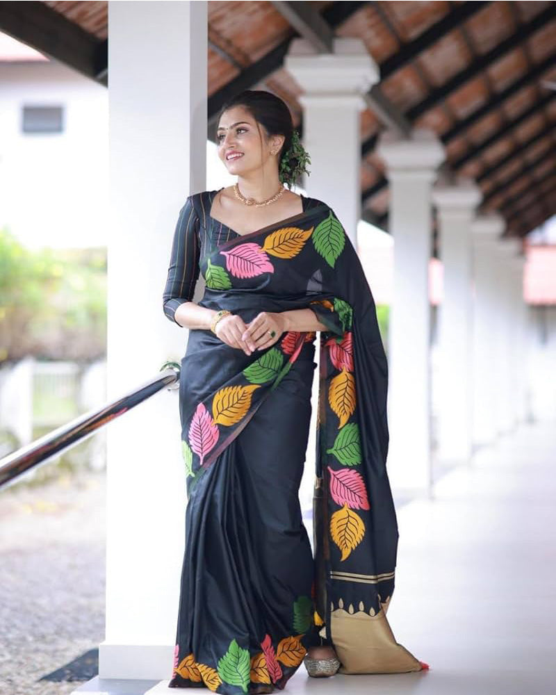 Black Color Banarasi Soft Silk Saree