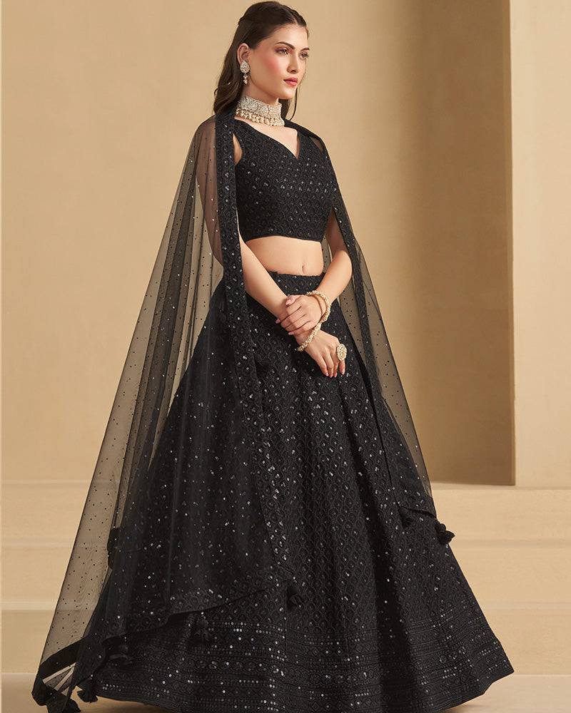 Black Color Georgette Embroidered Lehenga Choli With Dupatta