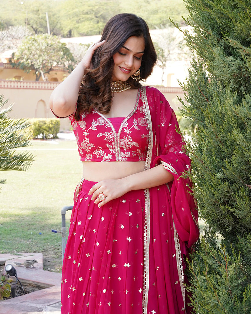 Rani Pink Color Sequence Embroidered Faux Blooming Lehenga Choli