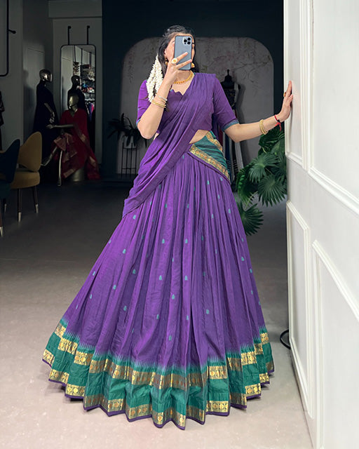 Elegant Purple Chanderi cotton half saree lehenga choli