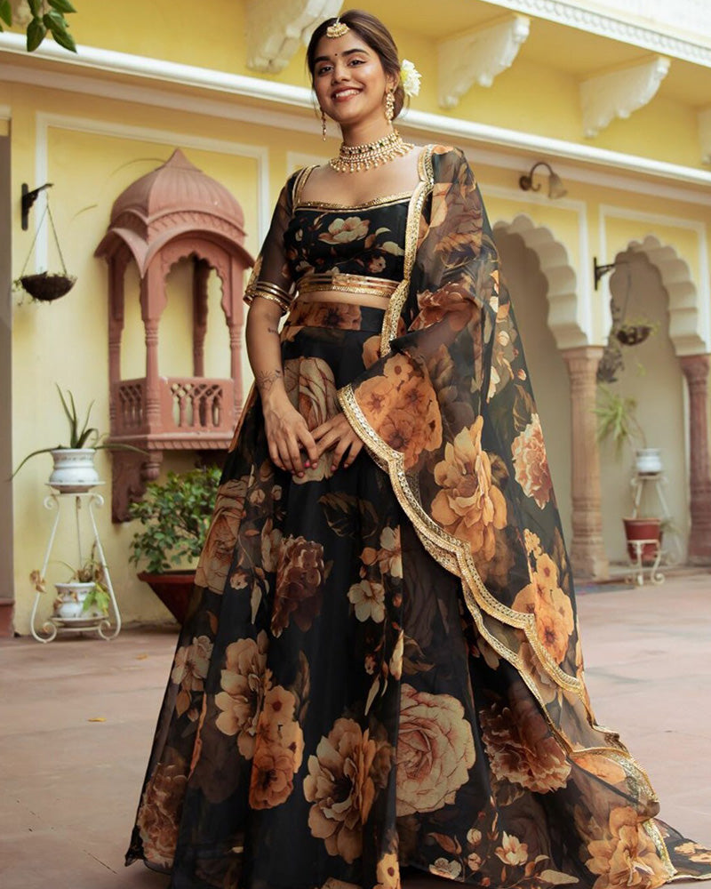 Black Color Digital Print Organza Lehenga Choli