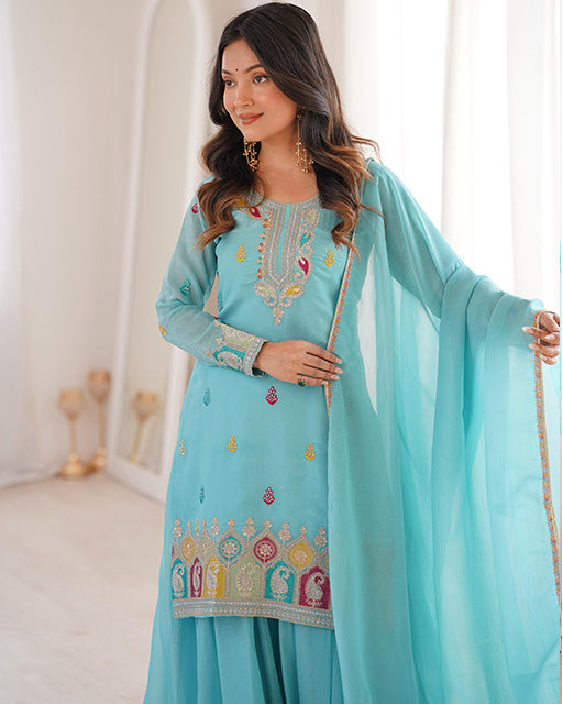 Sky Blue Color Pure Soft Crunchy Silk Sharara Suit