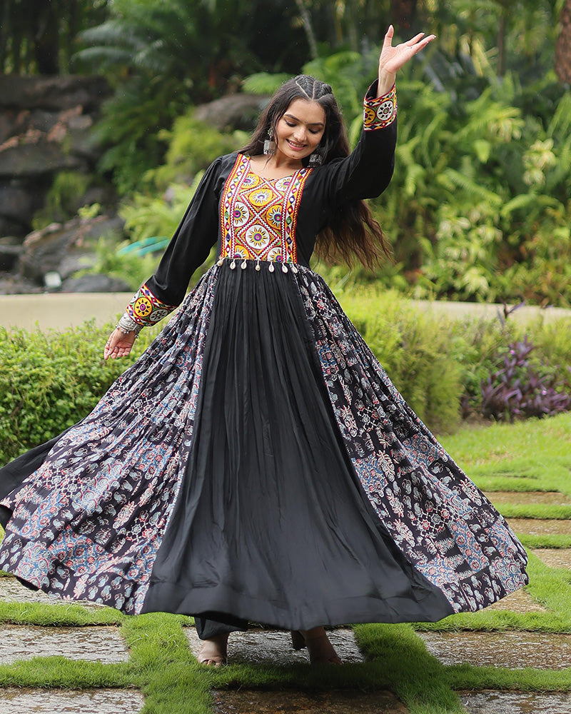 Black Color Rayon Gamthi Work Navratri Gown