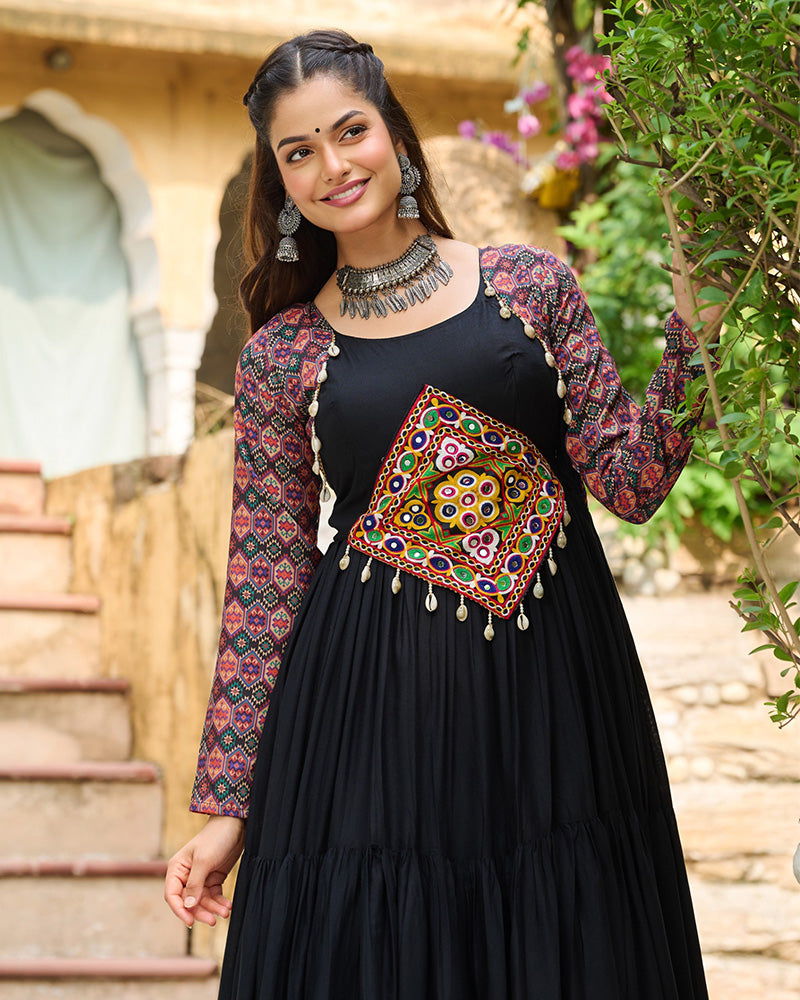 Classic Black Mirror Embroidered Rayon Gown For Navratri