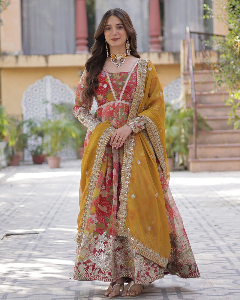 Pinkish Red Color Alia Cut Embroidered Gown With Dupatta