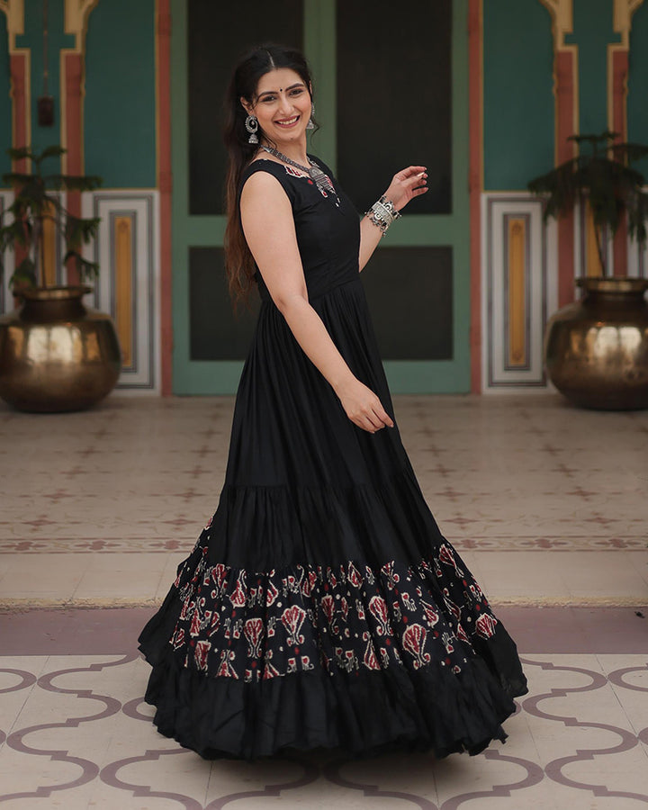 Black Color Reyon Printed Navratri Gown