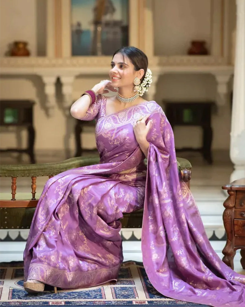 Lavender Color Banarasi Jacquard Zari Weaving Saree