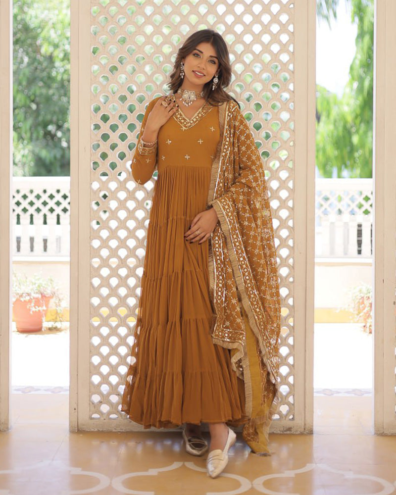 Mustard Color Faux Georgette Designer Anarkali Gown With Dupatta