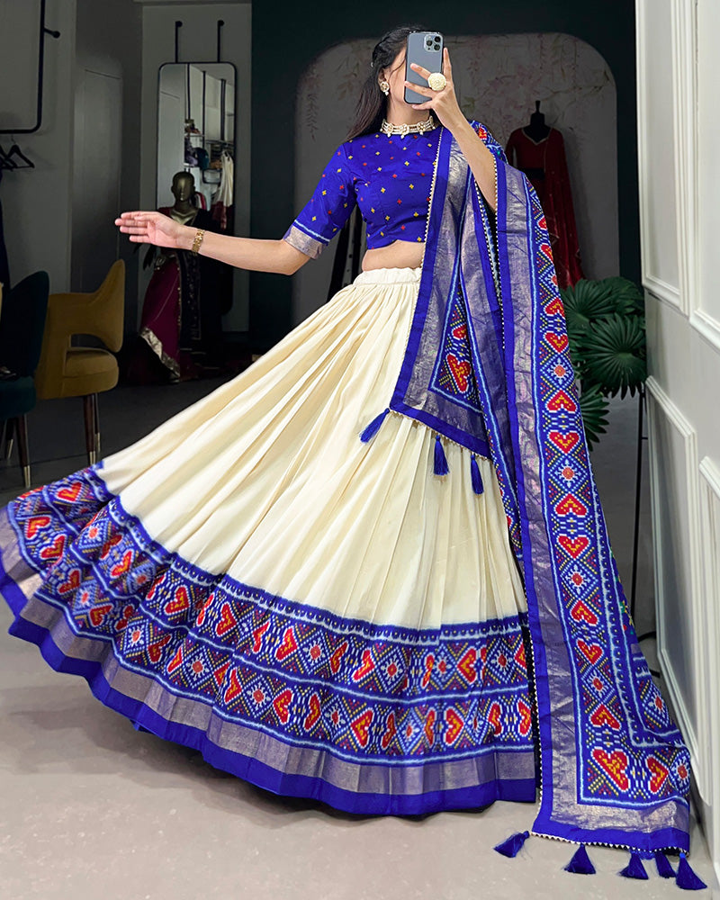 Royal Blue Color Tussar Silk Patola Printed Lehenga Choli