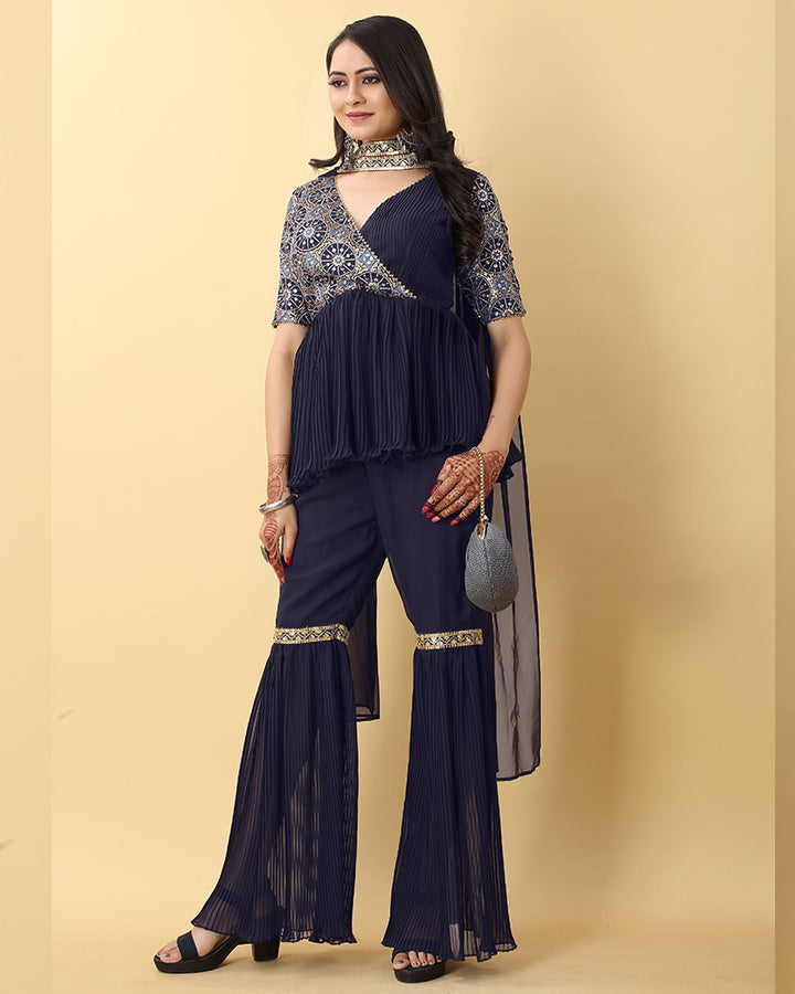 Navy Blue Color Georgette Embroidery work Three Piece Sharara Suit