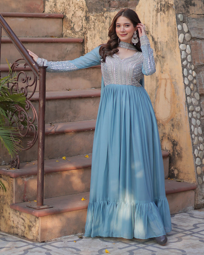 Sky Color Star Georgette Embroidered Gown