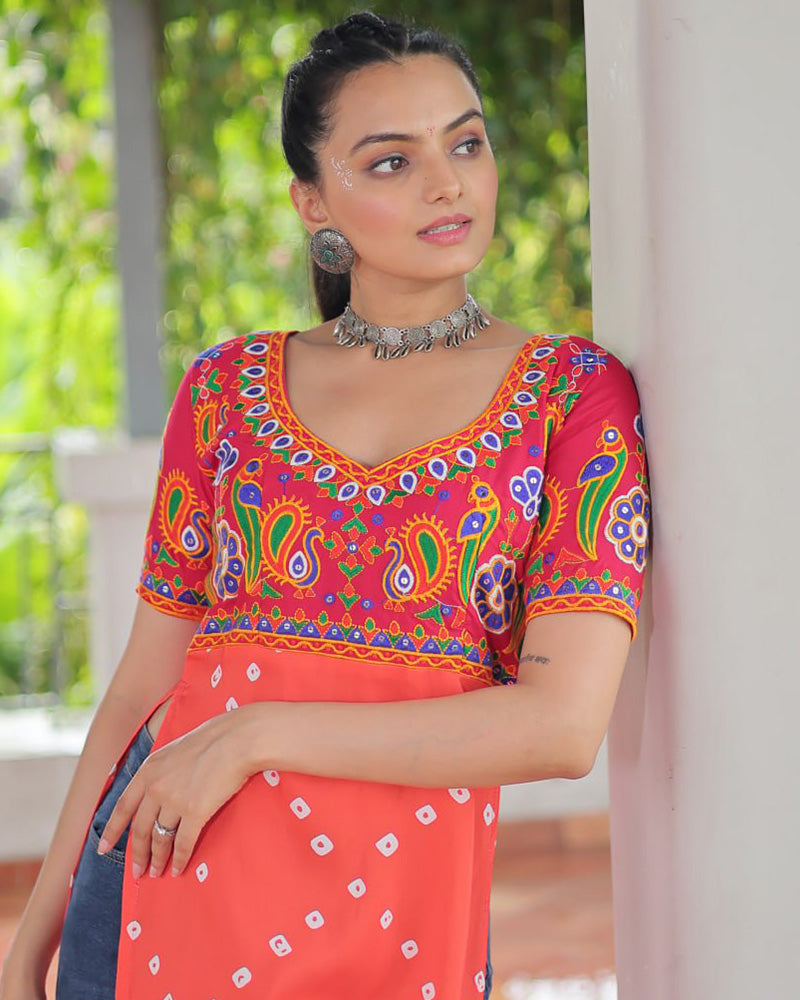 Traditional Orange Pink Color Bandhani Print Navratri Kurti