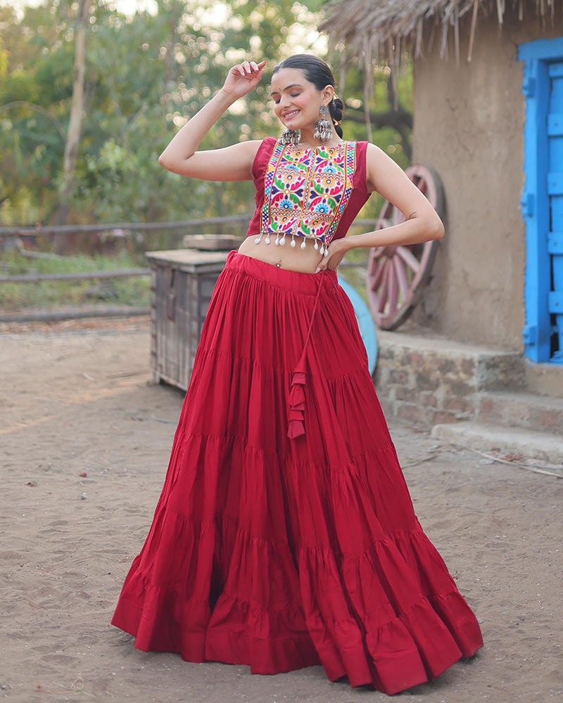 Maroon Color Rayon Embroidered Navratri Lehenga Choli