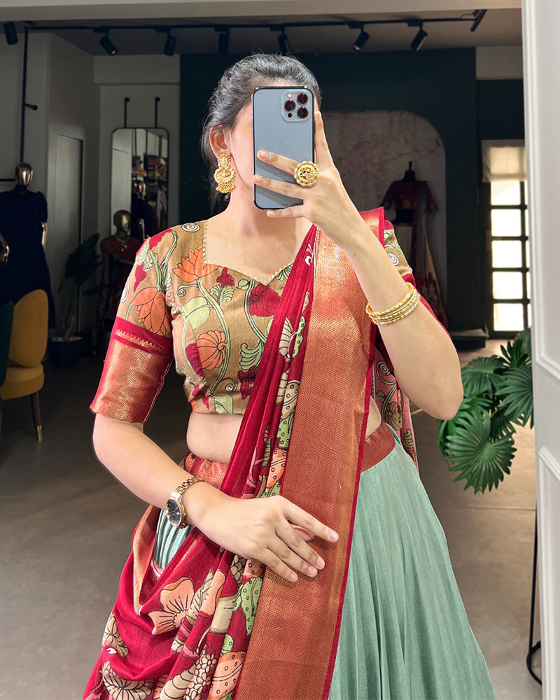 Sea Green Color Jacquard Dola Silk Printed Half Saree