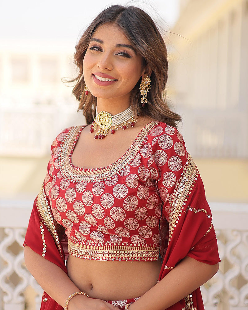 Red Color Pure Viscose Jacquard Lehenga Choli