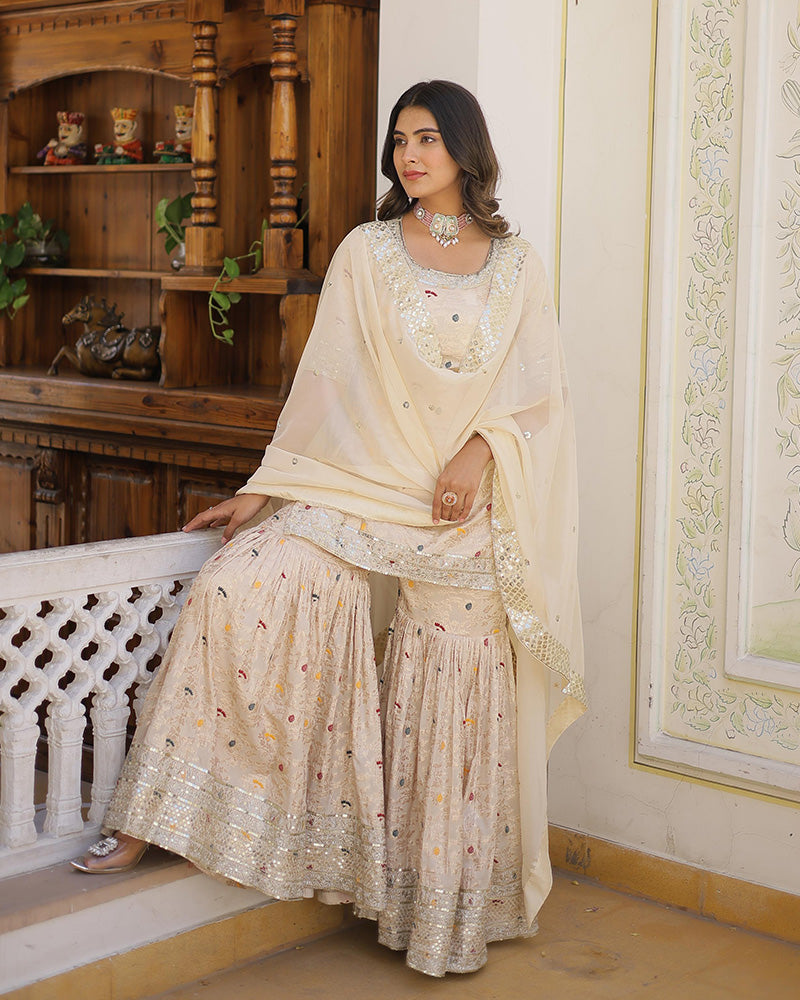 Off-White Color Viscose Jacquard Three Piece Gharara Suit