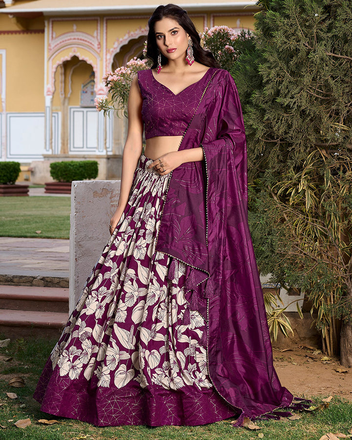 Wine Color Tussar Silk Floral And Foil Printed Navratri Lehenga Choli