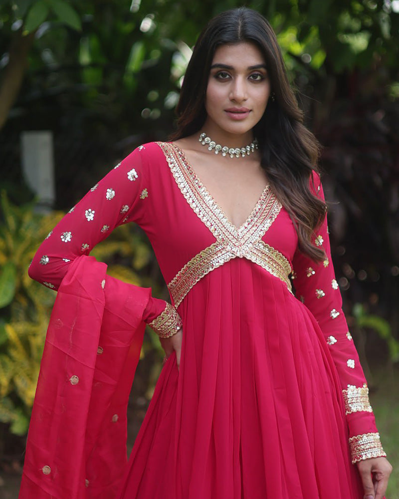 Wedding Wear Embroidered Rani Pink Color Alia Cut Gown With Dupatta