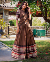 Brown Color Pure Chanderi Plain Half Saree