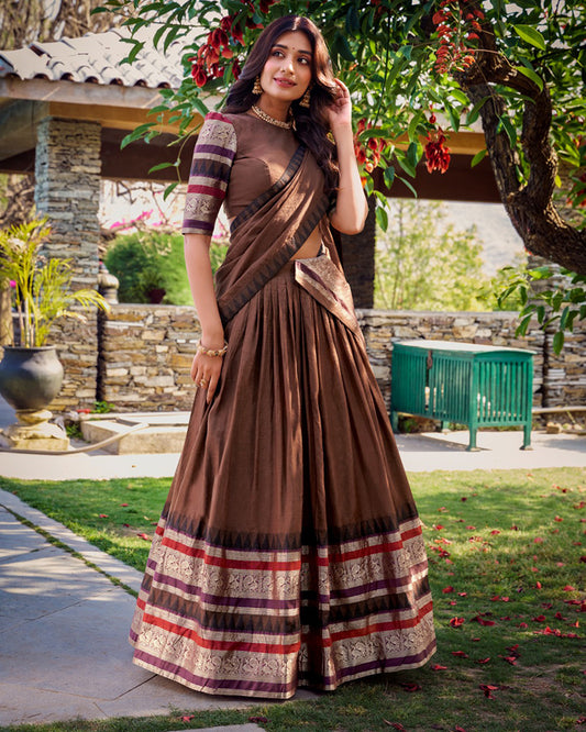Brown Color Pure Chanderi Plain Half Saree